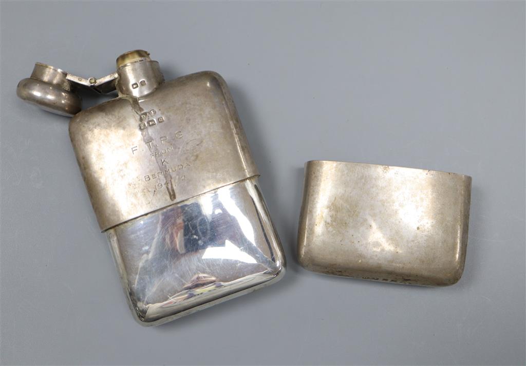 A George V silver hip flask, with engraved inscription, Deakin & Francis, Birmingham, 1940, 12.5cm, gross 6oz.